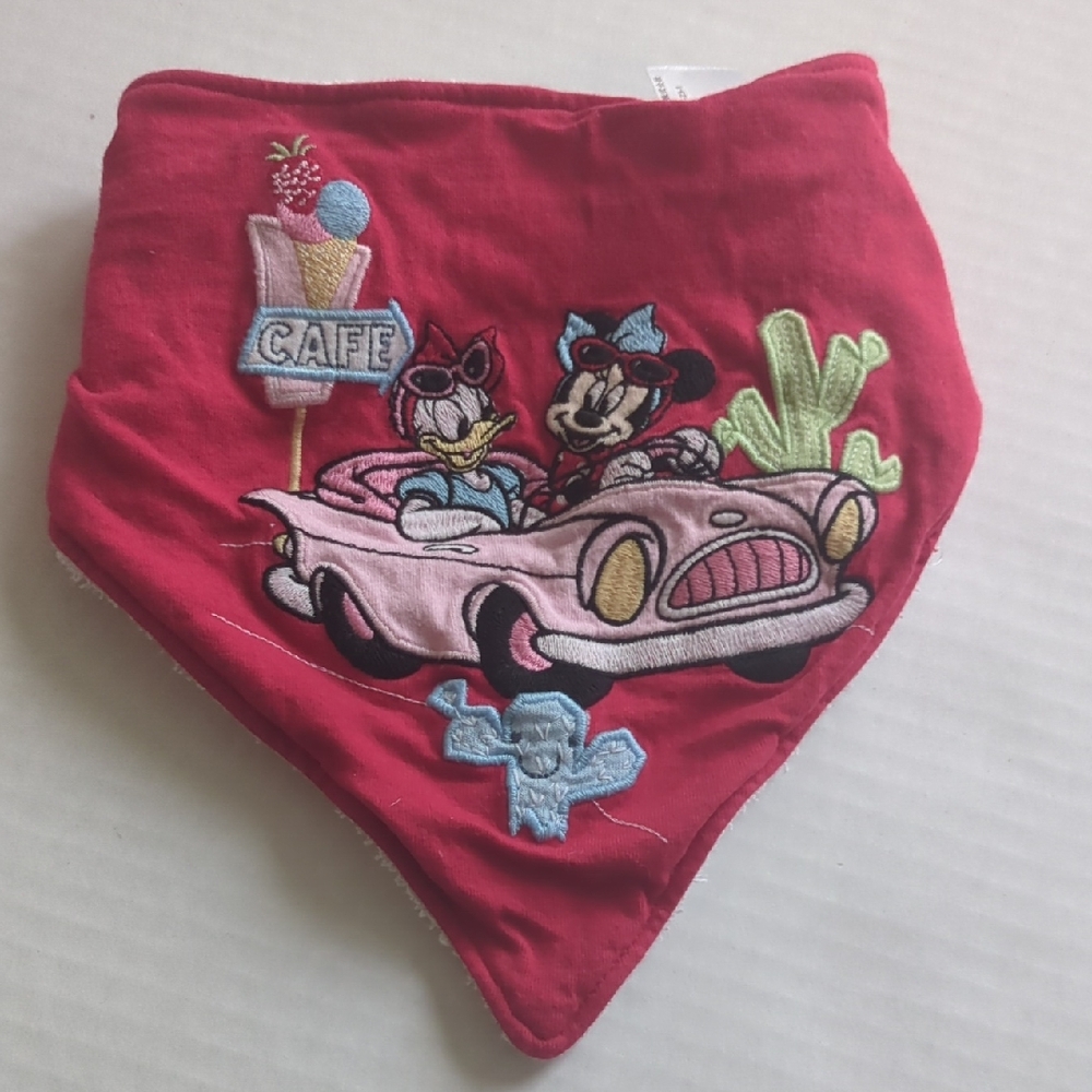 Disney Daisy and Minnie Red Bib with Cartoon Car Design Embroiderd